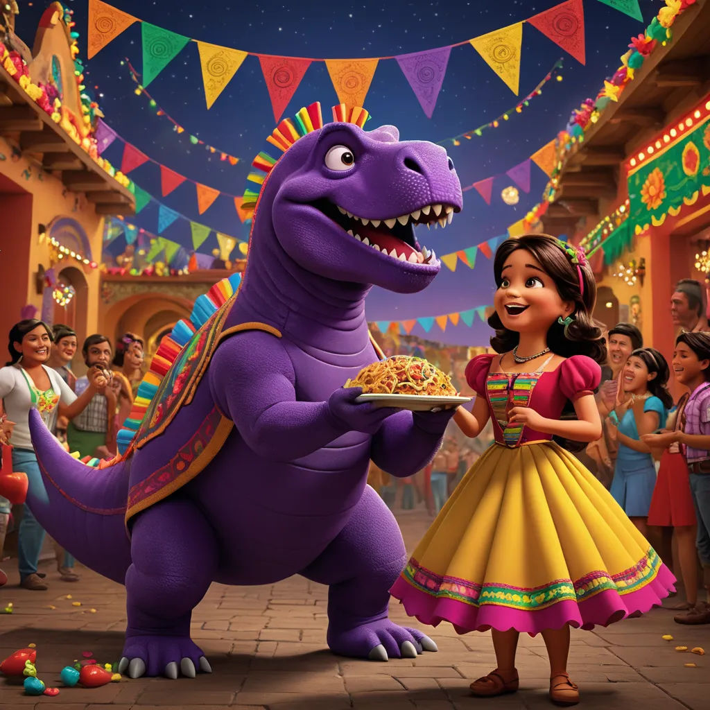 a cartoon character holding a plate of food in front of a dinosaur in a dress and a crowd of people, sots art, poster art, Chris LaBrooy, promotional image