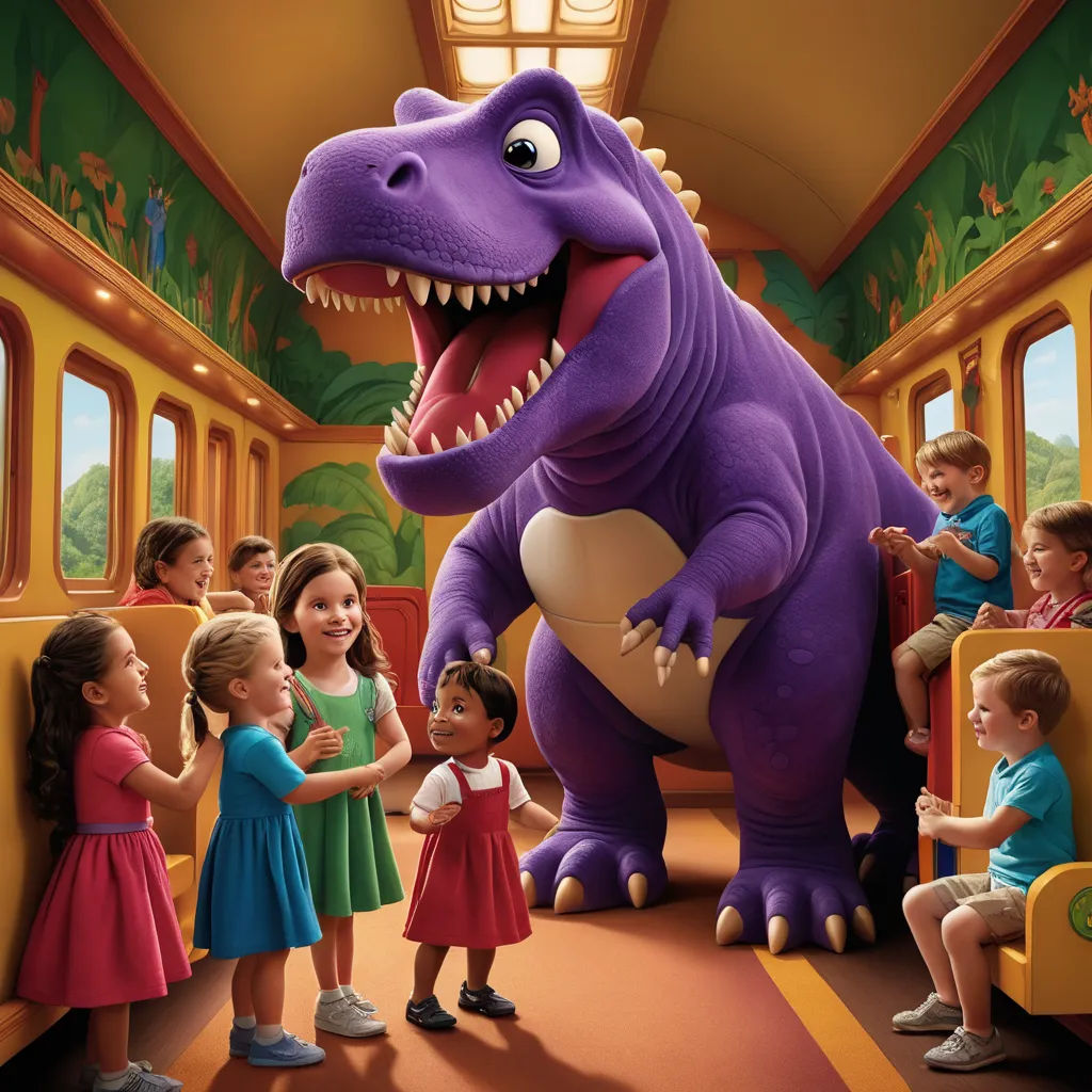 a group of children standing around a purple dinosaur on a train with a man in the middle of the train, sots art, a storybook illustration, Adam Rex, pixar and disney animation