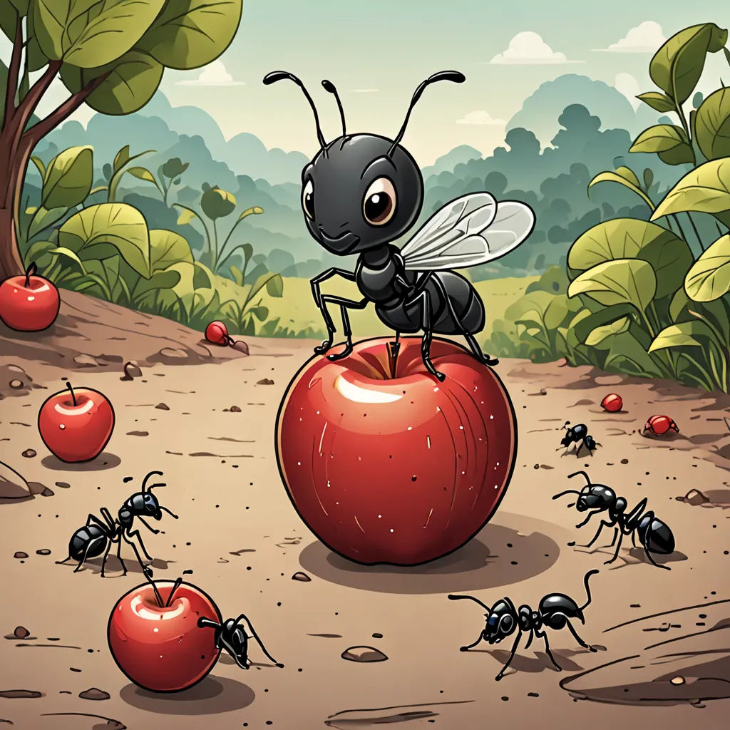 a group of ants standing on top of a red apple in a forest with green leaves and trees in the background, pop surrealism, a storybook illustration, Craola, detailed illustration