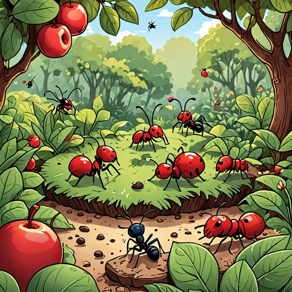 a group of ants in a forest with leaves and apples on the ground and a hole in the ground, synthetism, a storybook illustration, Craola, storybook illustration