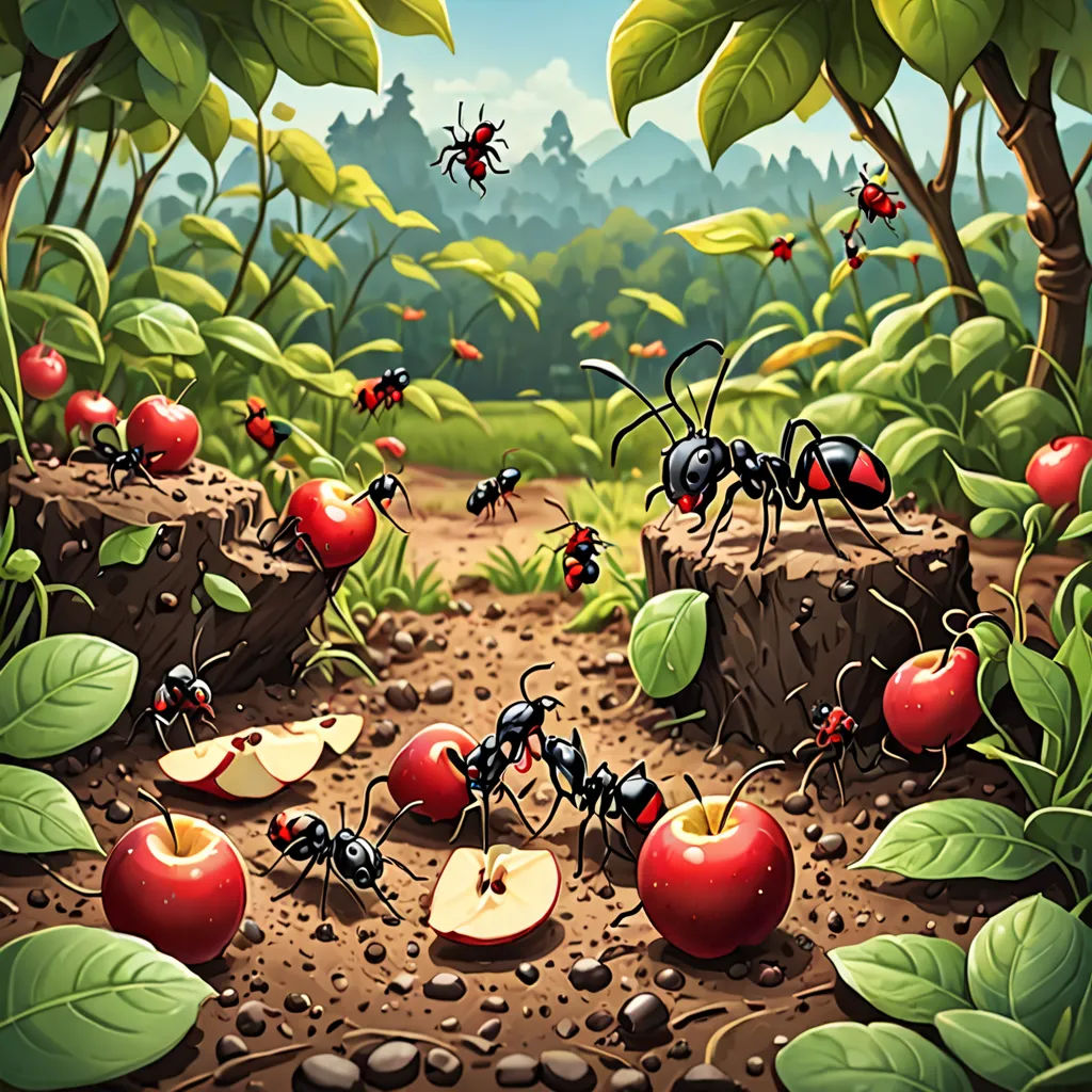 a group of ants in a forest with apples and leaves on the ground and a forest background with trees and bushes, synthetism, a storybook illustration, Craola, detailed illustration