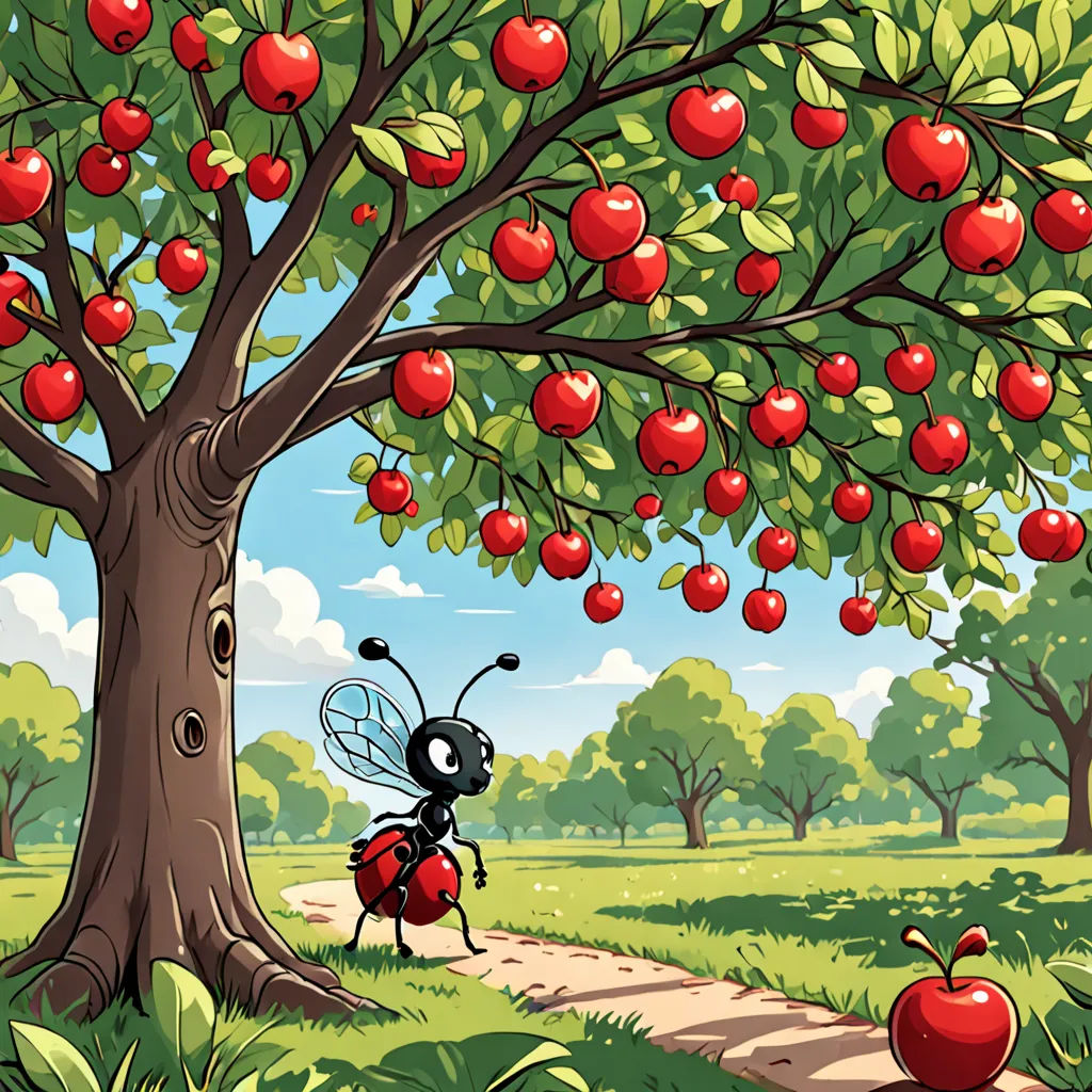a cartoon of a bee in a field with apples on a tree and a path leading to a tree with a bee on it, ecological art, a storybook illustration, Craola, storybook illustration
