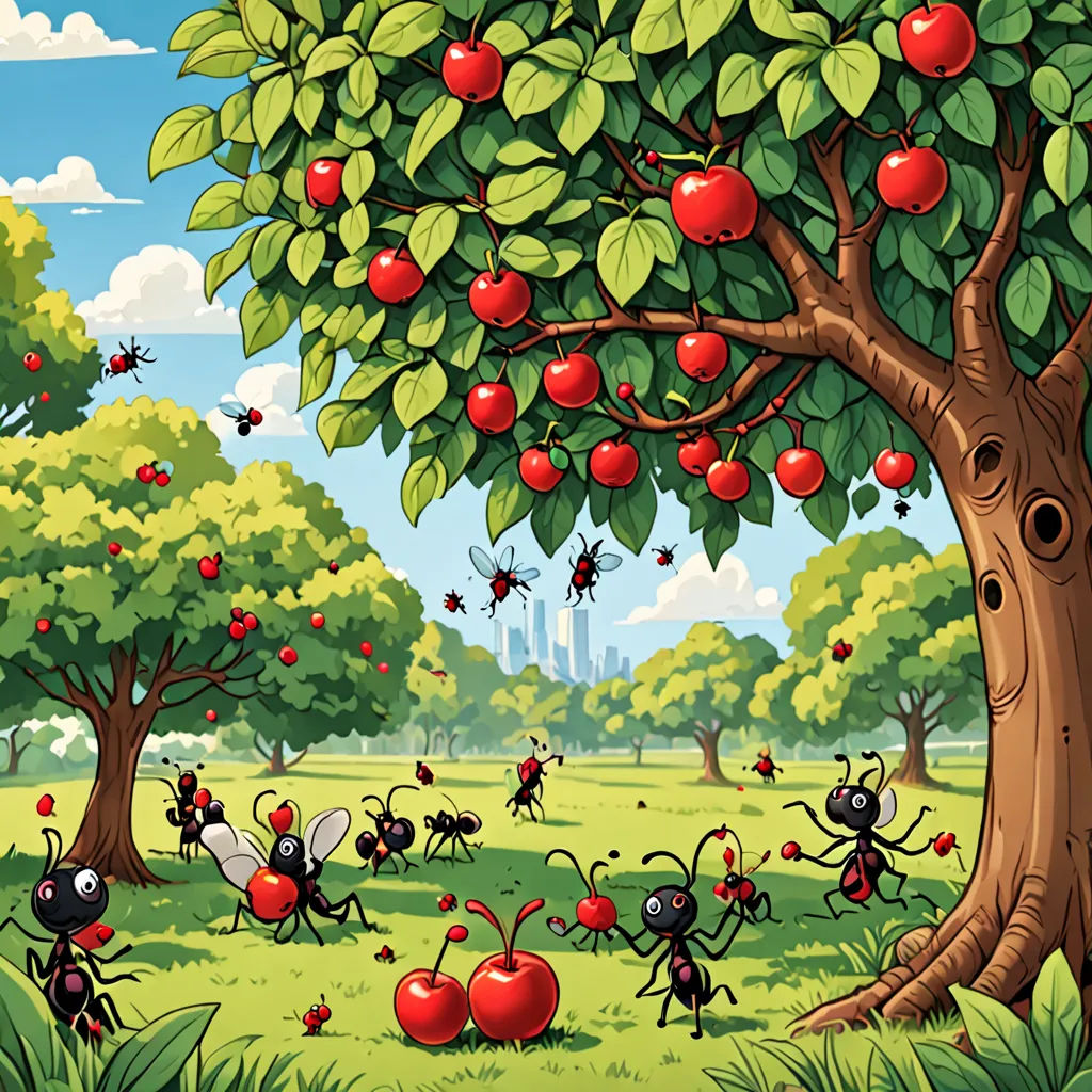 a group of ants in a field near a tree with apples on it and a castle in the background, ecological art, a storybook illustration, Craola, detailed illustration