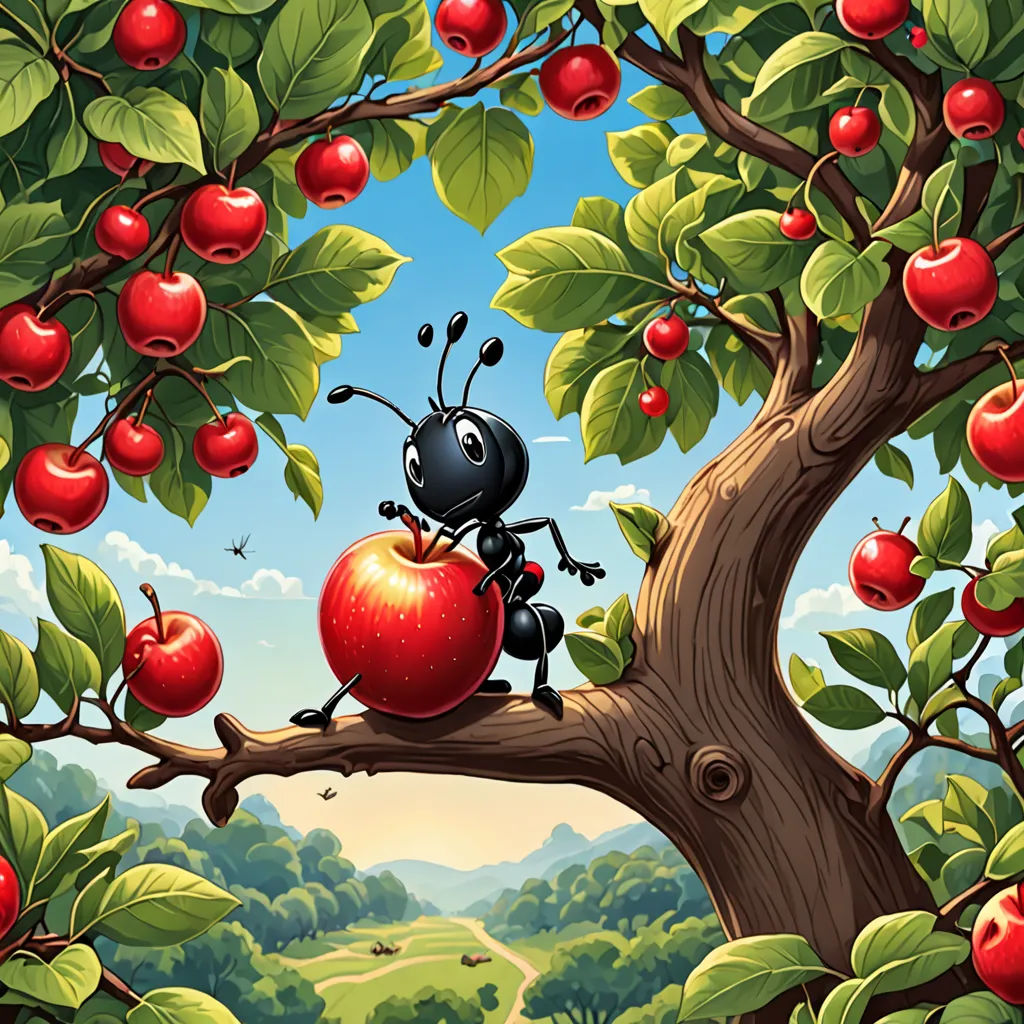 a cartoon ant is sitting on a tree branch with apples in the background of a valley and a valley, pop surrealism, a storybook illustration, Craola, storybook illustration