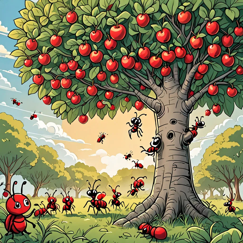 a group of ants crawling around a tree in a field of grass and trees with red apples on it, ecological art, a storybook illustration, Craola, detailed illustration