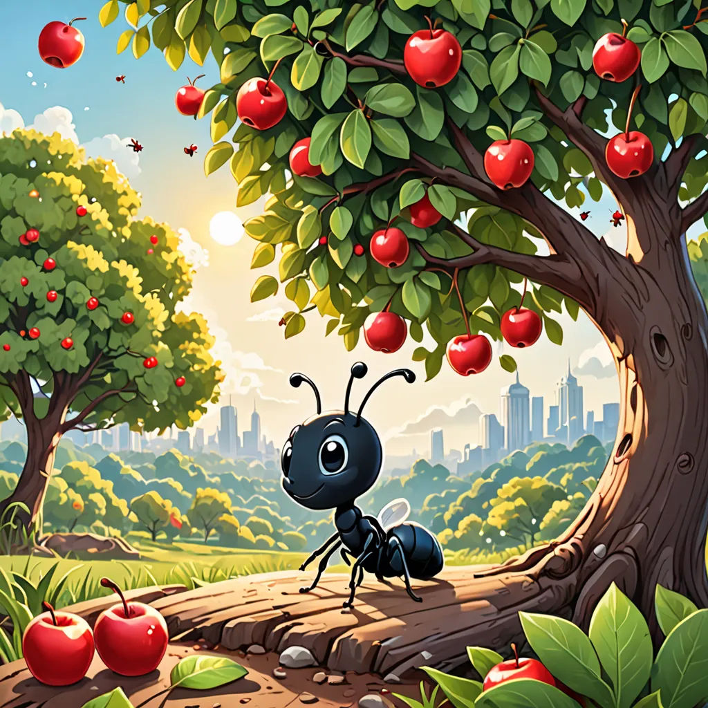a ant standing under a tree with apples on it's branches in a forest with a city in the background, pop surrealism, a storybook illustration, Craola, storybook illustration