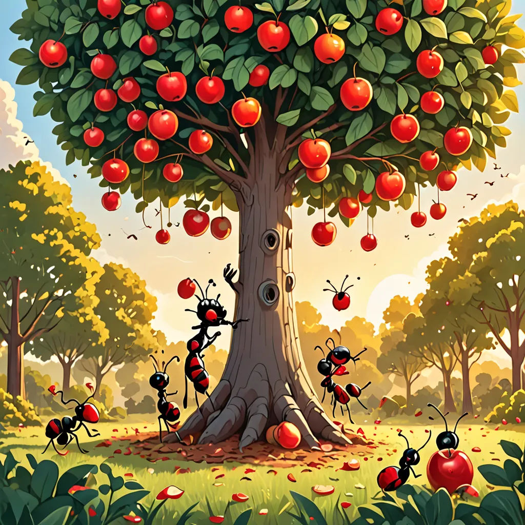 a group of ants are gathering around a tree with apples on it in a field of grass and trees, pop surrealism, a storybook illustration, Craola, detailed illustration