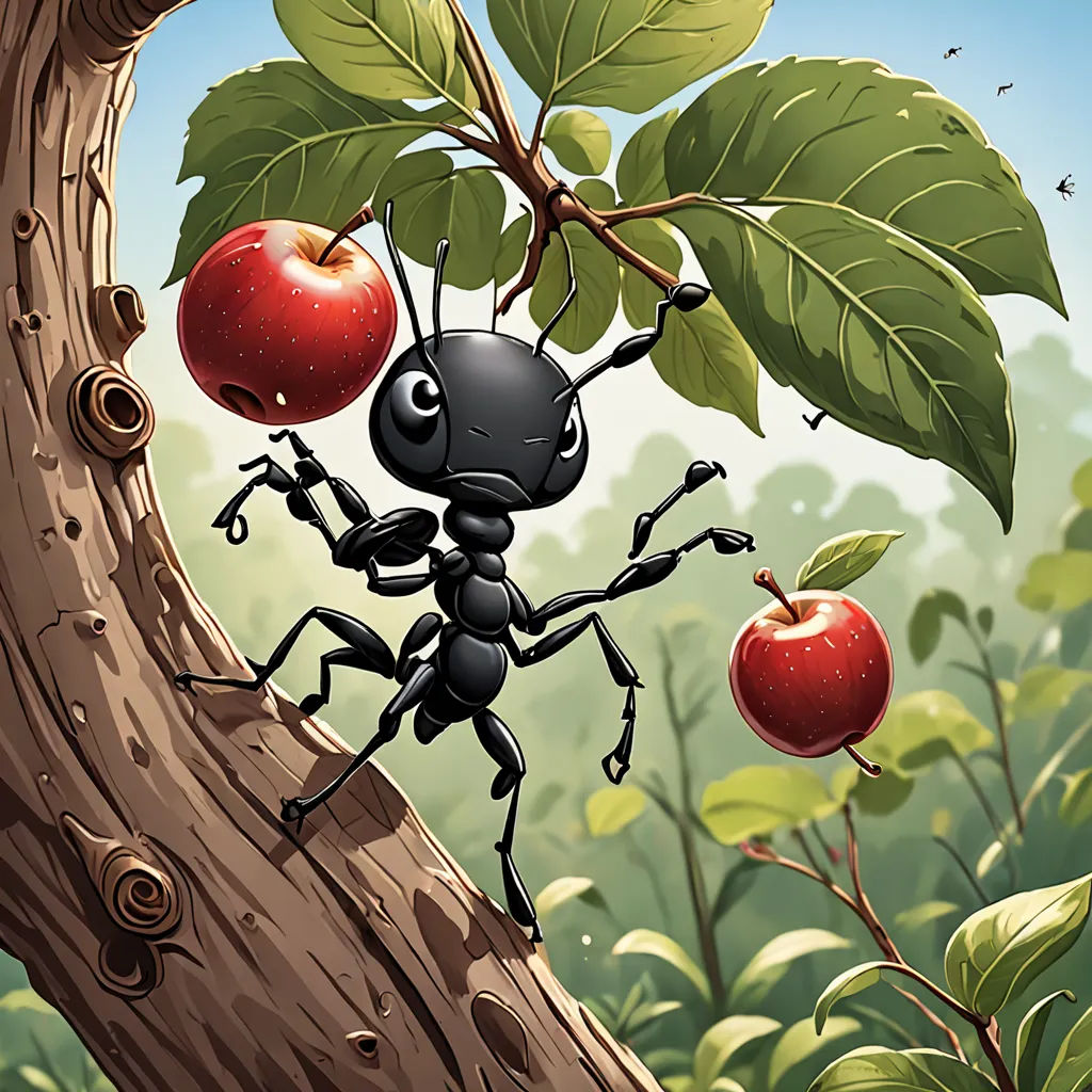a ant carrying an apple up a tree branch with leaves and a bug on it's back,, pop surrealism, a storybook illustration, Craola, storybook illustration