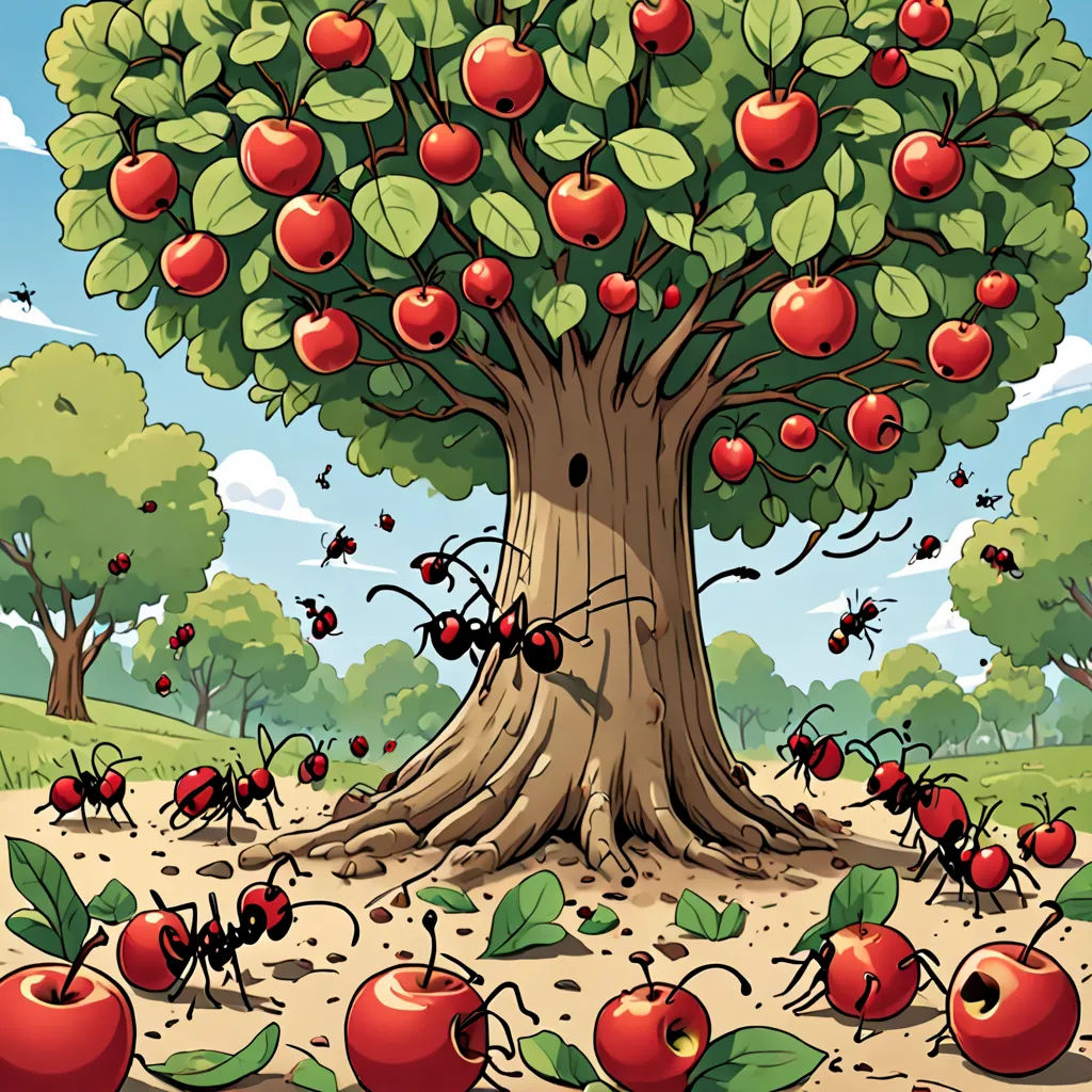 a cartoon of a tree with many red apples on it and a bunch of ants crawling around it,, ecological art, a storybook illustration, Ernst Thoms, furaffinity