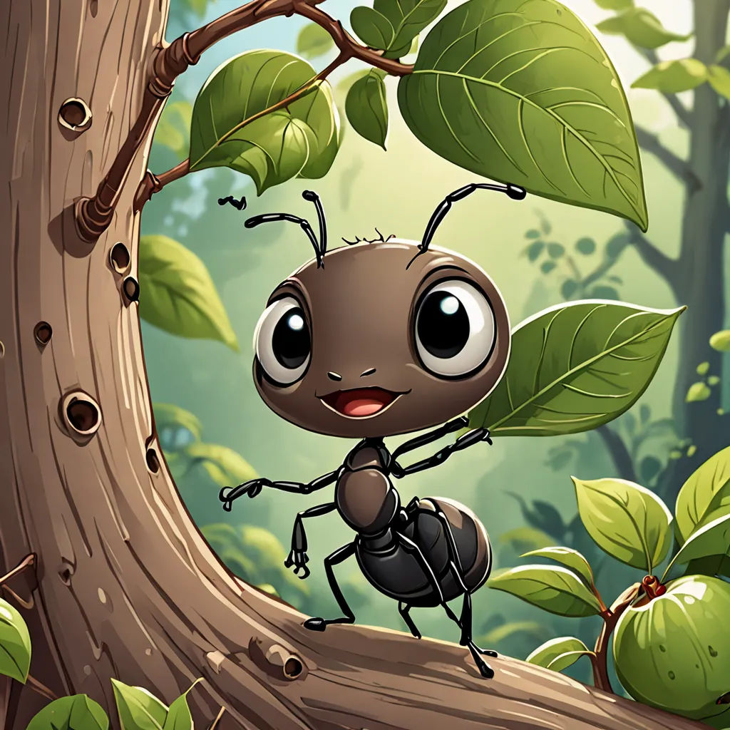 a cartoon ant standing on a tree branch in a forest with leaves and berries around it, looking at the camera, sots art, a storybook illustration, Craola, 2 d game art