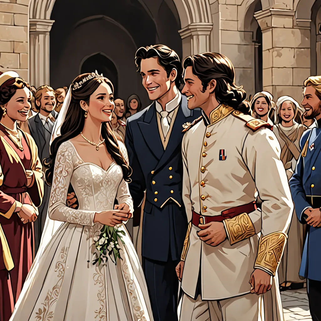 a painting of a couple getting married in front of a crowd of people in medieval dress and in a medieval dress, sots art, a storybook illustration, Brothers Hildebrandt, official art