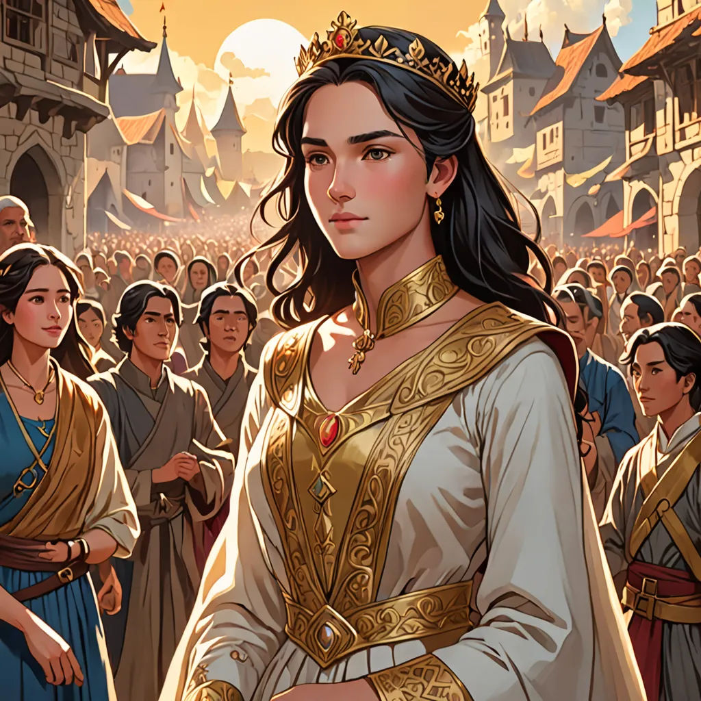 a woman in a golden dress standing in front of a crowd of people in ancient dress and a crown, fantasy art, a comic book panel, Donato Giancola, official art