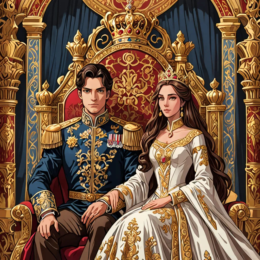 a man and woman sitting on a throne in a dress and tiara, with a red background and gold trimmings, sots art, a storybook illustration, Charles Bird King, official art