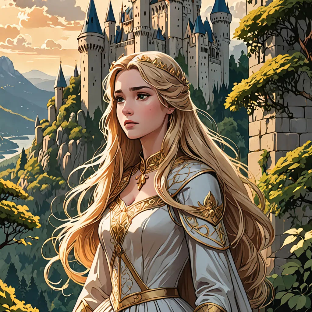a woman in a white dress standing in front of a castle with a castle in the background and a sky with clouds, fantasy art, a storybook illustration, Charlie Bowater, rossdraws global illumination
