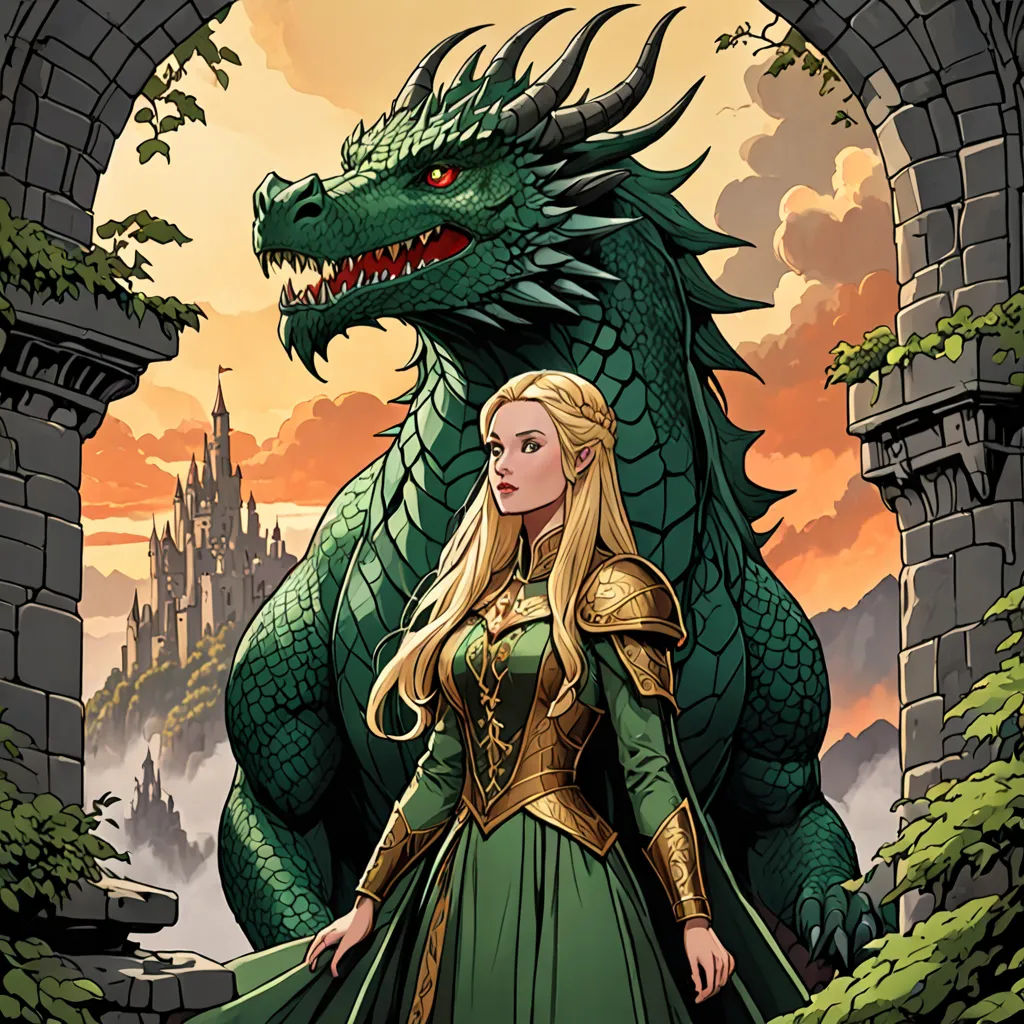 a woman in a green dress standing next to a dragon on a castle wall with a castle in the background, fantasy art, a comic book panel, Anne Stokes, dragon art