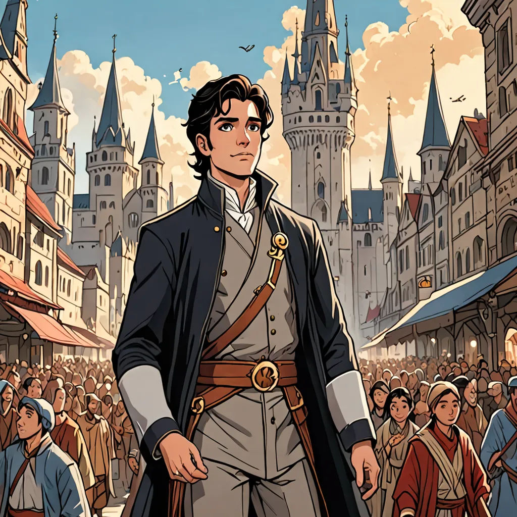a man in a historical costume standing in front of a crowd of people in a city with tall buildings, fantasy art, a comic book panel, Cedric Seaut (Keos Masons), comic cover art