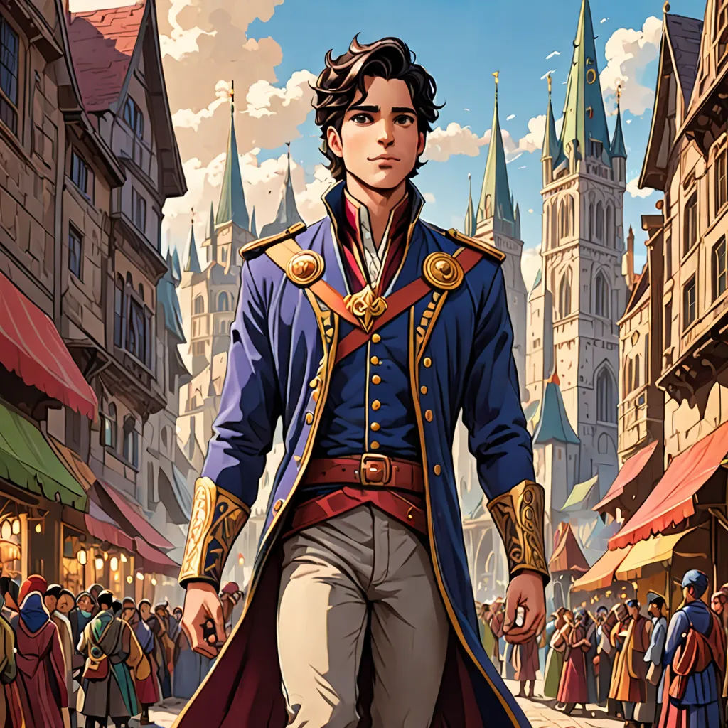 a man in a blue coat and red cape walking down a street in front of a crowd of people, fantasy art, a character portrait, Cedric Peyravernay, rossdraws global illumination