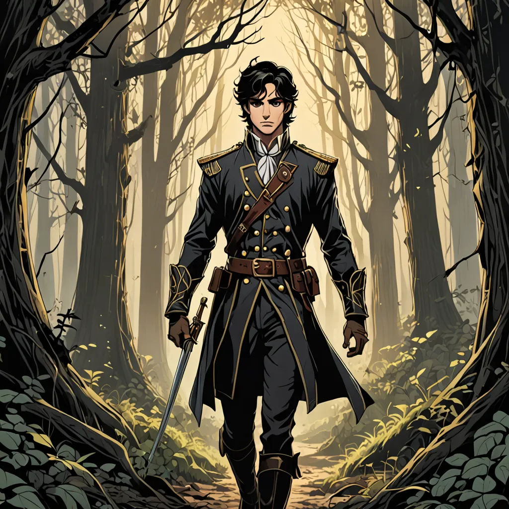 a man in a uniform walking through a forest with a sword in his hand and a sword in his hand, fantasy art, a character portrait, Cedric Seaut (Keos Masons), comic cover art