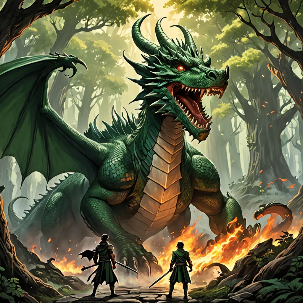 a dragon with a sword and a man standing in front of it in a forest with fire and flames, fantasy art, a storybook illustration, Andreas Rocha, magic the gathering artwork