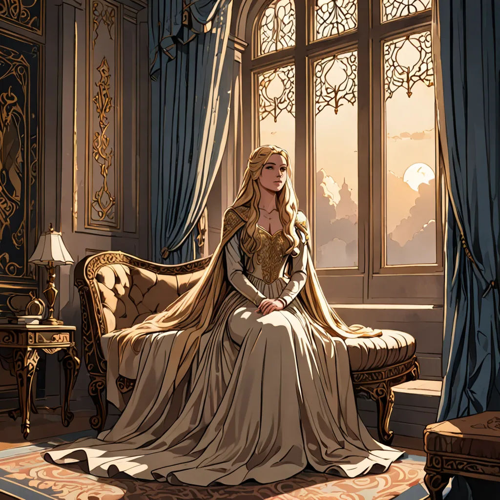 a woman in a long dress sitting on a couch in a room with a window and a rug on the floor, fantasy art, a storybook illustration, Charlie Bowater, rossdraws global illumination
