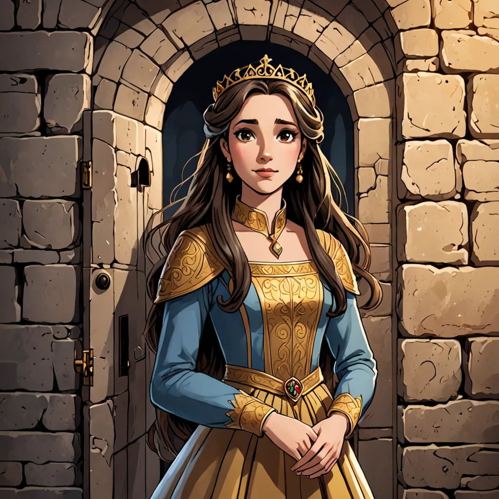 a woman in a dress standing in front of a castle door with a crown on her head and a door handle to the other side, fantasy art, a storybook illustration, Clarice Beckett, rossdraws global illumination