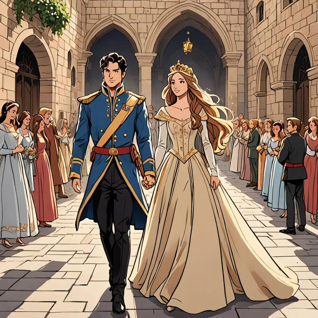 a man and woman dressed in historical clothing walking down a street with a crowd of people behind them in front of a castle, fantasy art, a storybook illustration, Christopher Moeller, official art