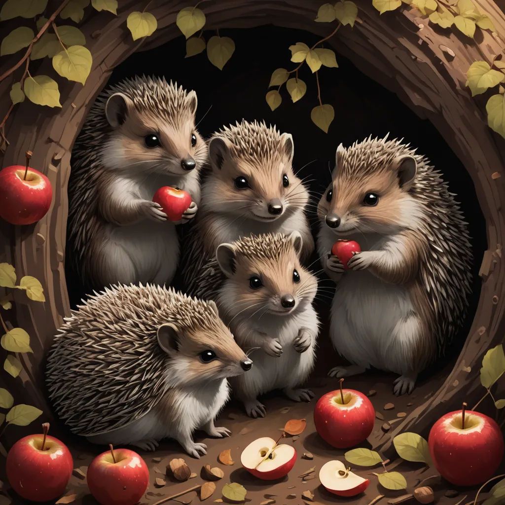 a group of hedgehogs eating apples in a tunnel with leaves and apples around them, with a background of leaves and branches, fantasy art, a storybook illustration, Chris LaBrooy, storybook illustration