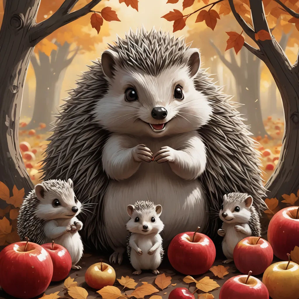 a hedgehog with two baby hedgehogs in an apple orchard with apples and leaves around it, and a forest full of trees and leaves, pop surrealism, a storybook illustration, Chris LaBrooy, trending on art station