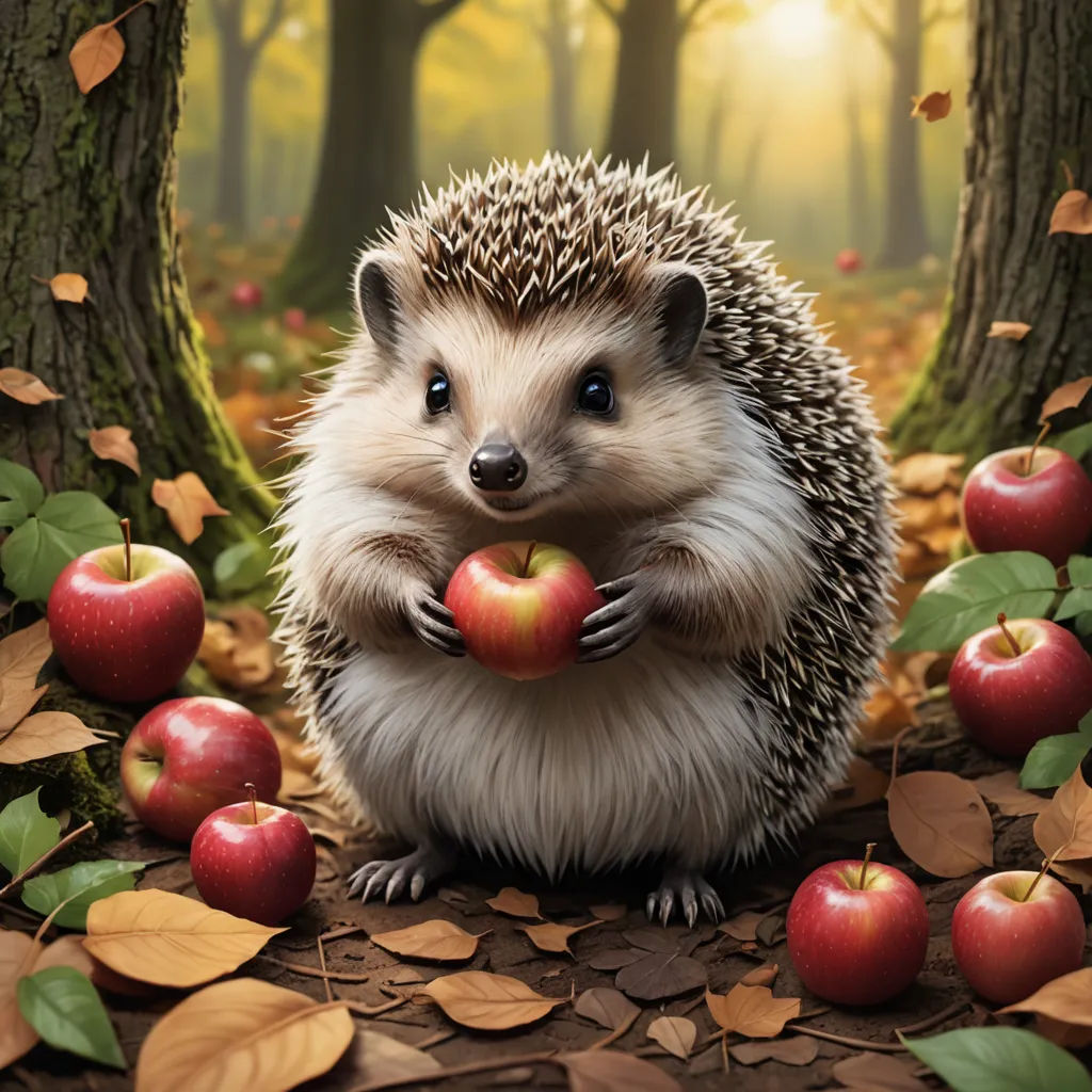 a hedgehog holding an apple in a forest with leaves and apples on the ground, with a forest background, fantasy art, a storybook illustration, Chris LaBrooy, ultra realistic digital art