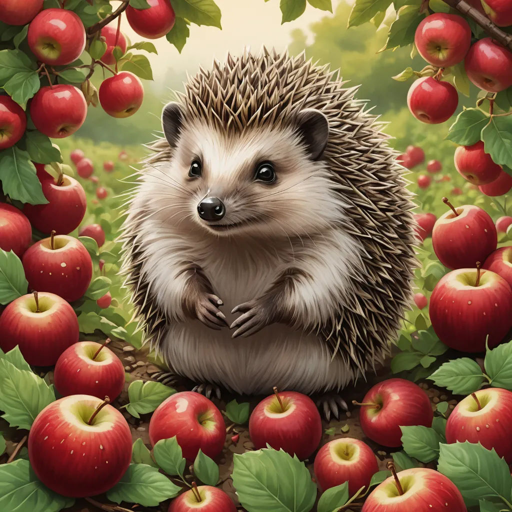 a hedgehog sitting in a field of apples surrounded by leaves and apples on the ground, with a hedgehog in the middle of the picture, fantasy art, a storybook illustration, Chris LaBrooy, official art