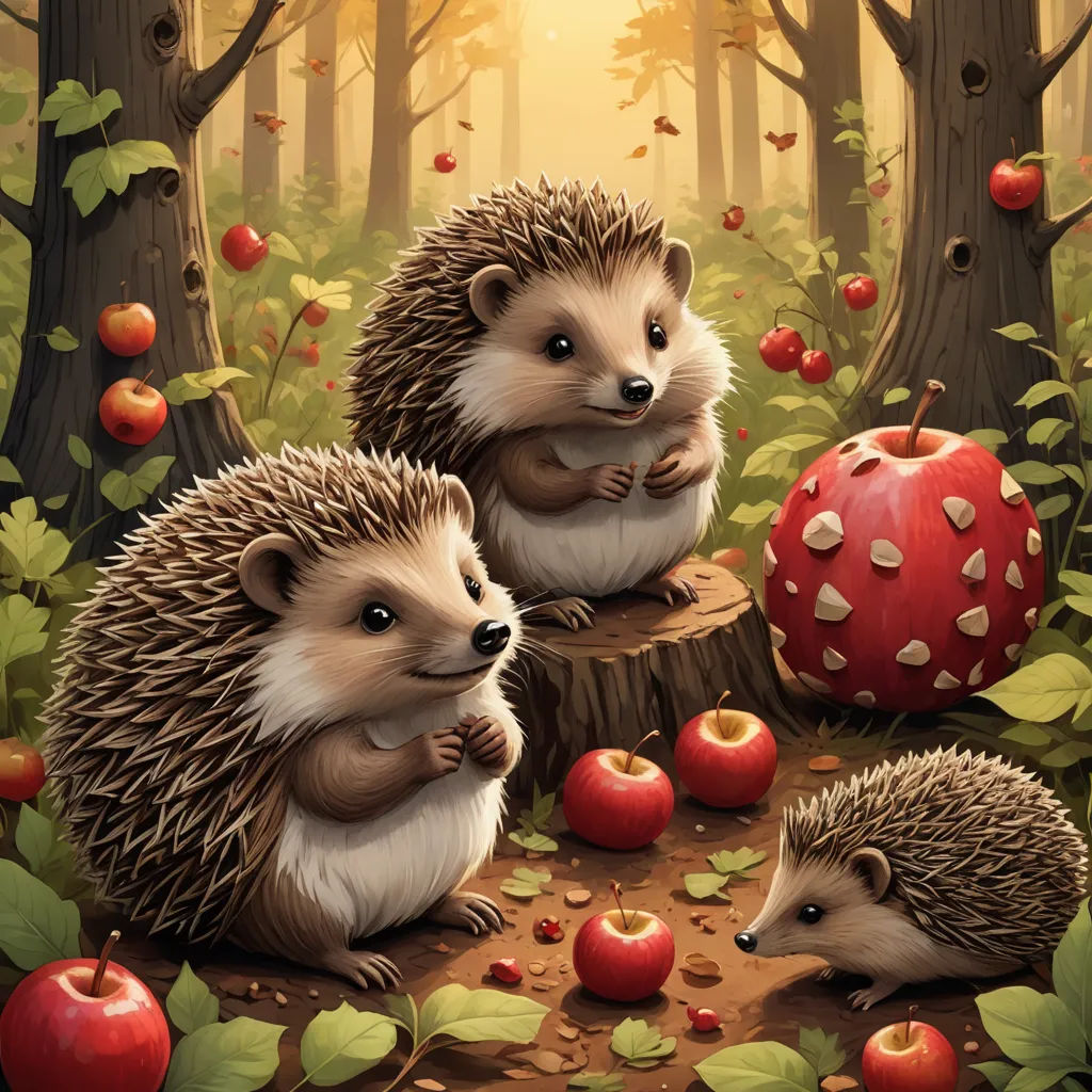 two hedges are sitting on a stump in the forest with apples and mushrooms around them, and one is holding a red apple, fantasy art, a storybook illustration, Chris LaBrooy, highly detailed digital painting