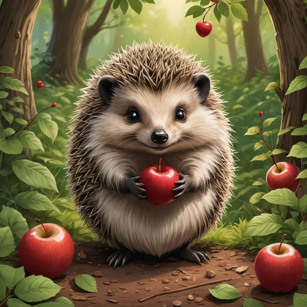 a hedgehog holding an apple in a forest with apples around it and a forest background with trees and leaves, fantasy art, a storybook illustration, Chris LaBrooy, storybook illustration