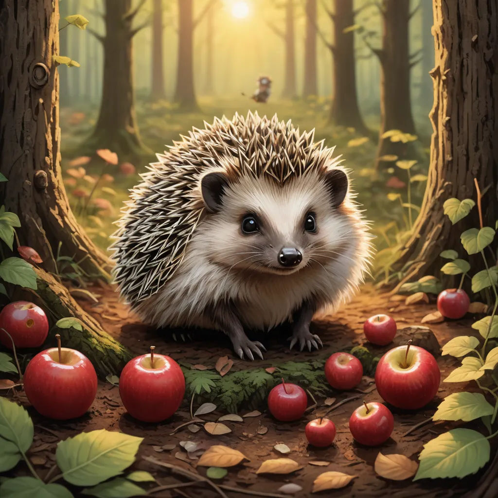 a hedgehog sitting in a forest surrounded by apples and leaves and an apple tree with a person in the background, fantasy art, a storybook illustration, Chris LaBrooy, official art
