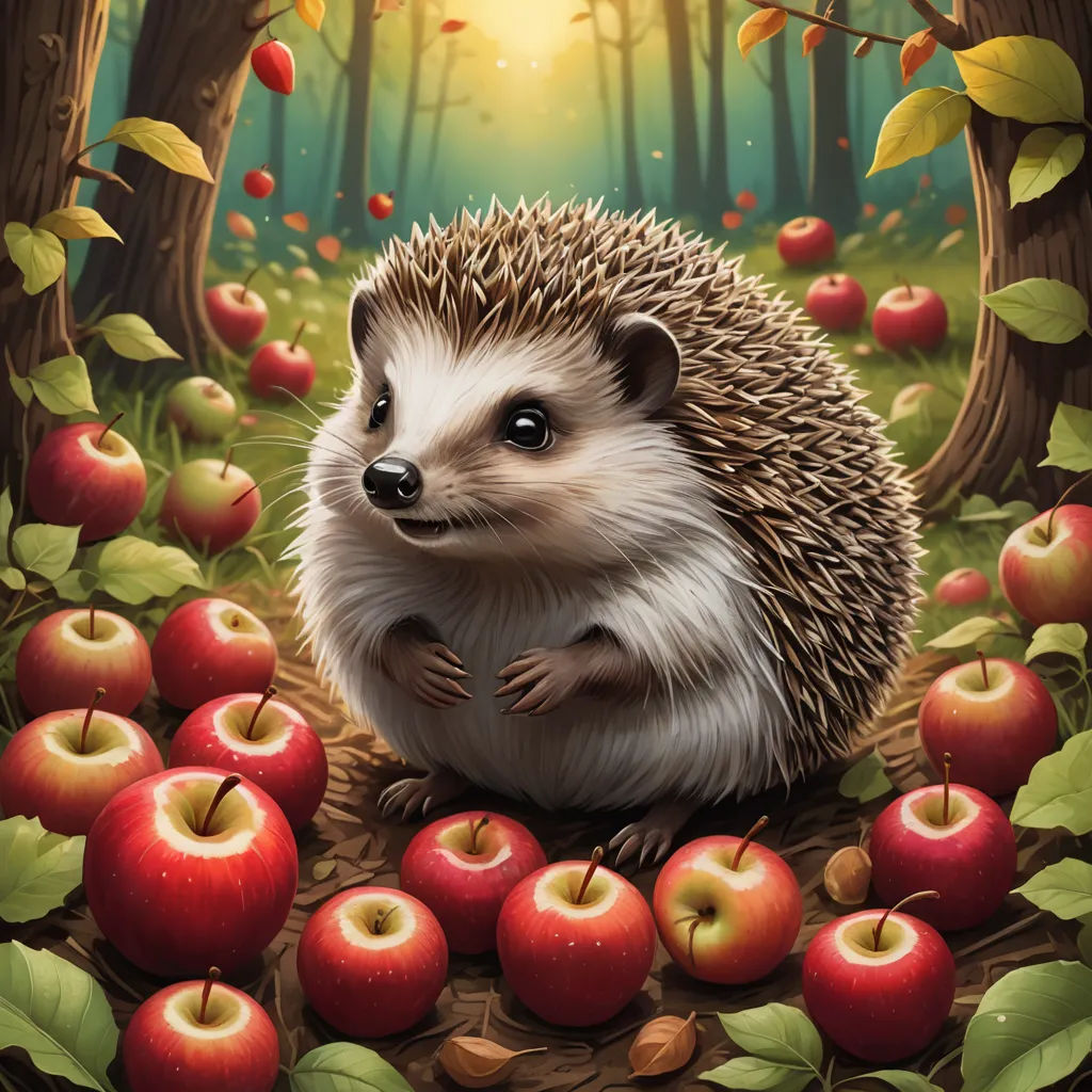 a hedgehog sitting on a pile of apples in a forest with apples around him and a forest background, fantasy art, a storybook illustration, Chris LaBrooy, official art