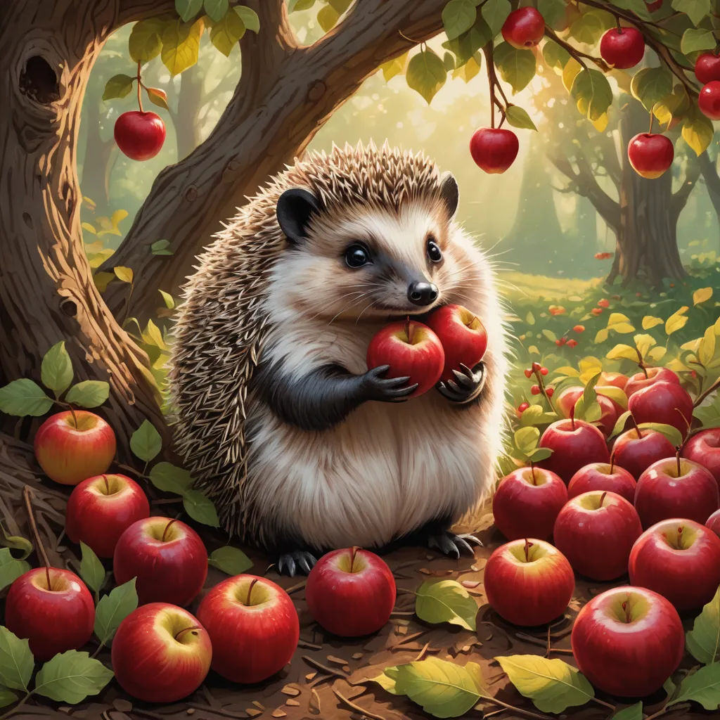 a hedgehog holding apples in a forest with apples on the ground and trees in the background, with leaves and branches, fantasy art, a storybook illustration, Chris LaBrooy, official art