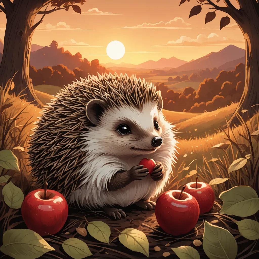a hedgehog sitting on a log with apples in front of him and a sunset in the background behind him, fantasy art, a storybook illustration, Chris LaBrooy, official art
