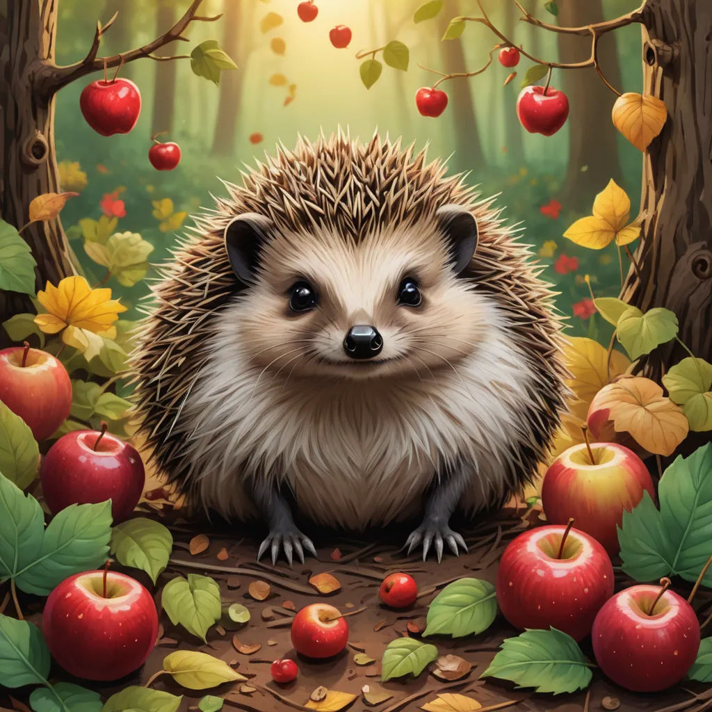 a hedgehog sitting in the middle of a forest surrounded by apples and leaves, with a sun shining through the trees, fantasy art, a storybook illustration, Chris LaBrooy, highly detailed digital painting