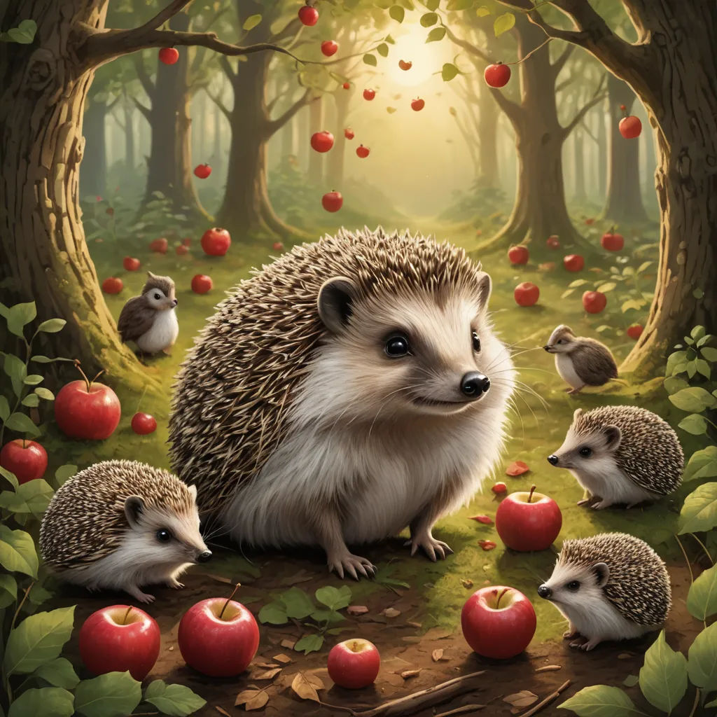 a hedgehog surrounded by apples in a forest with other animals in the background and a sunbeam in the background, fantasy art, a storybook illustration, Chris LaBrooy, official art