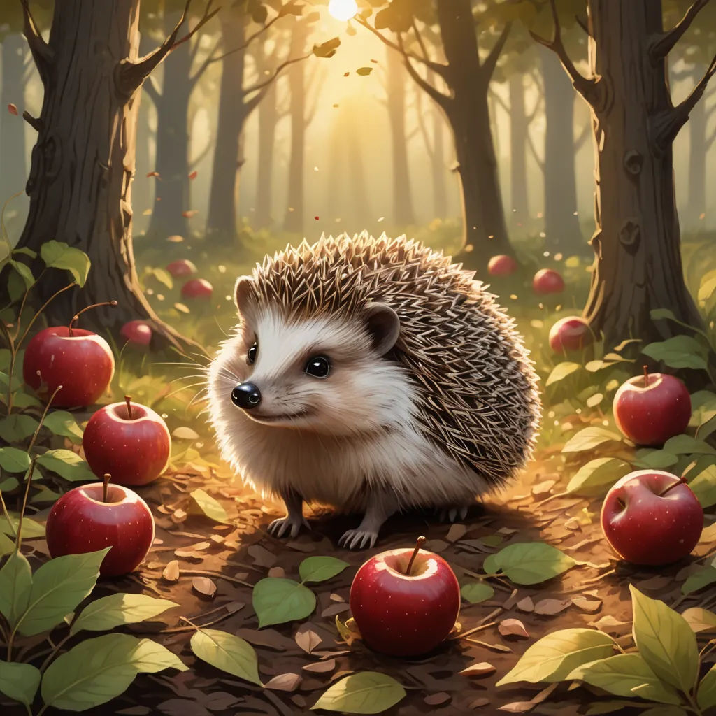 a hedgehog sitting in the middle of an apple orchard with apples in the background and a forest of trees, fantasy art, a storybook illustration, Chris LaBrooy, official art