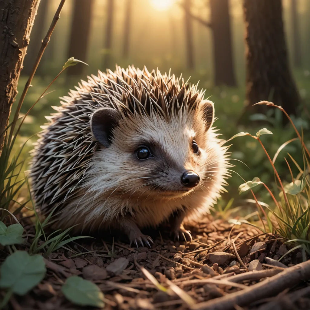 a hedgehog is sitting in the grass near a tree in the woods at sunset or dawn, with the sun shining through the trees, art photography, a stock photo, Clovis Trouille, animal photography
