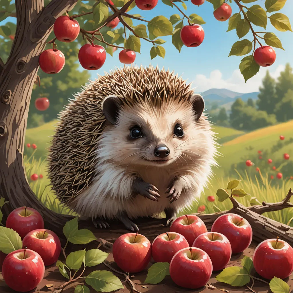 a hedgehog sitting on a branch with apples in the background and a tree with red apples in the foreground, fantasy art, a storybook illustration, Chris LaBrooy, official art