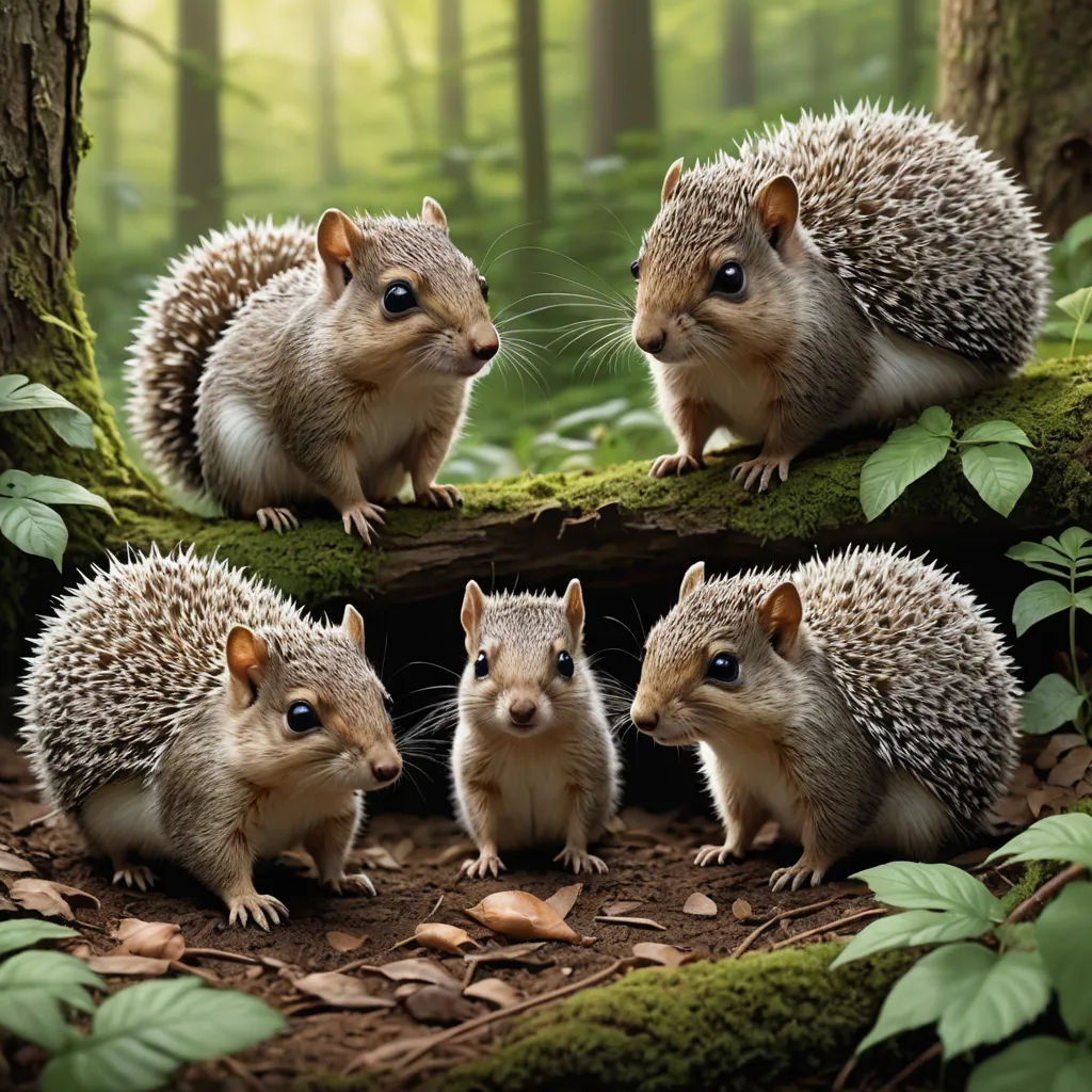 a group of three small animals sitting on top of a forest floor next to a tree trunk and a forest floor, art photography, a storybook illustration, Chris LaBrooy, award-winning photograph