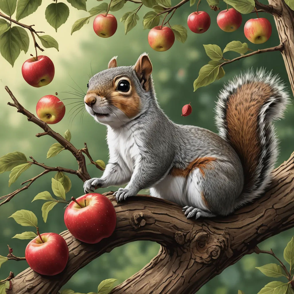 a squirrel sitting on a tree branch with apples in the background and a forest of trees in the background, pop surrealism, a digital painting, Chris LaBrooy, highly detailed digital painting