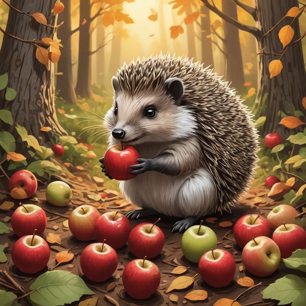 a hedgehog is eating an apple in the woods with apples around him and leaves around him, and a forest of trees and leaves, fantasy art, a storybook illustration, Chris LaBrooy, storybook illustration