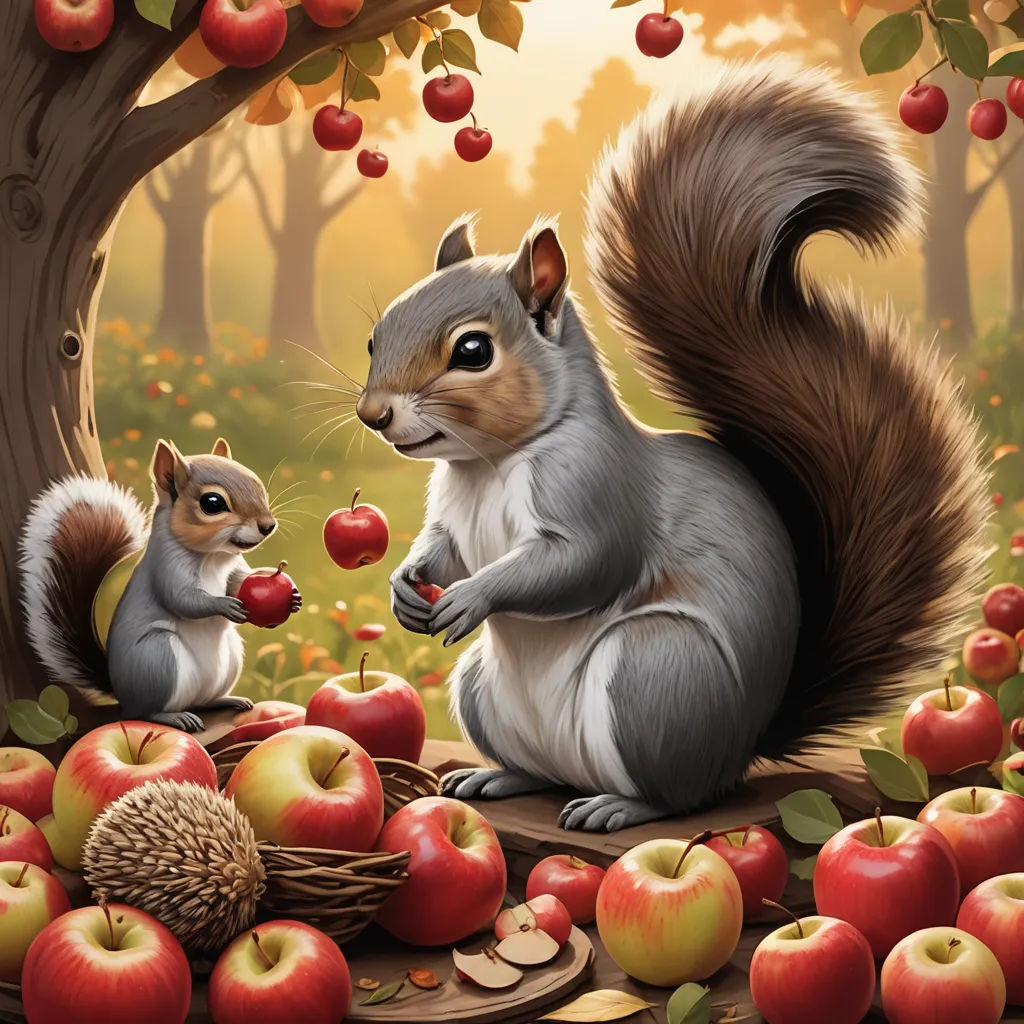 a painting of a squirrel and a squirrel eating apples in a forest with a hedgehog sitting on a table, pop surrealism, a storybook illustration, Chris LaBrooy, storybook illustration