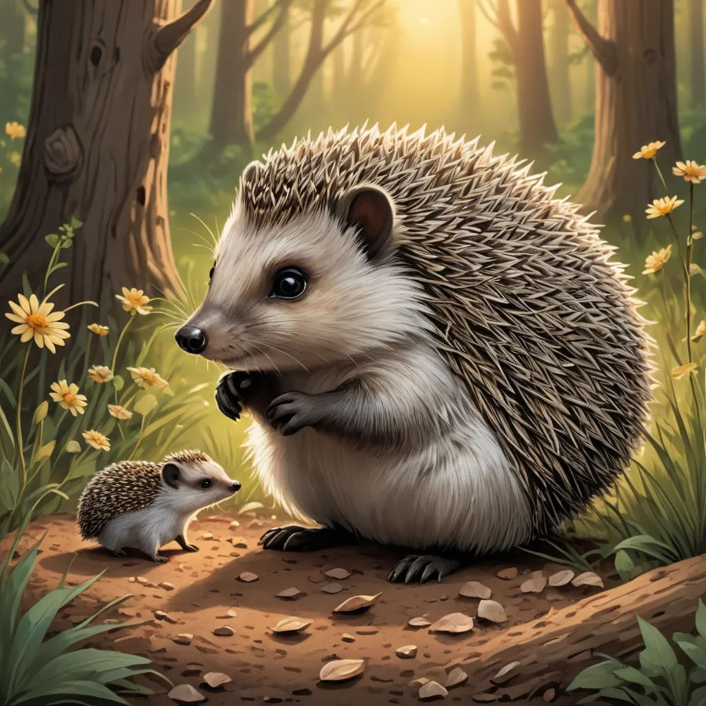 a hedgehog and a baby hedgehog in a forest with flowers and trees in the background, with sunlight shining through the trees, sots art, a storybook illustration, Chris LaBrooy, official art