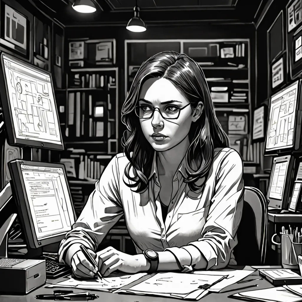 a woman sitting at a desk with a laptop computer in front of her and a lot of books on the shelves, Artgerm, academic art, a comic book panel, comic cover art