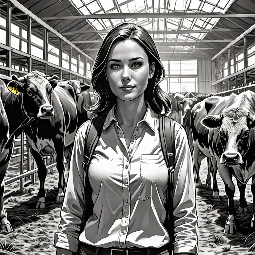 a woman standing in a pen with cows in the background and a building with a glass roof on the roof, David Palumbo, symbolism, poster art, promotional image