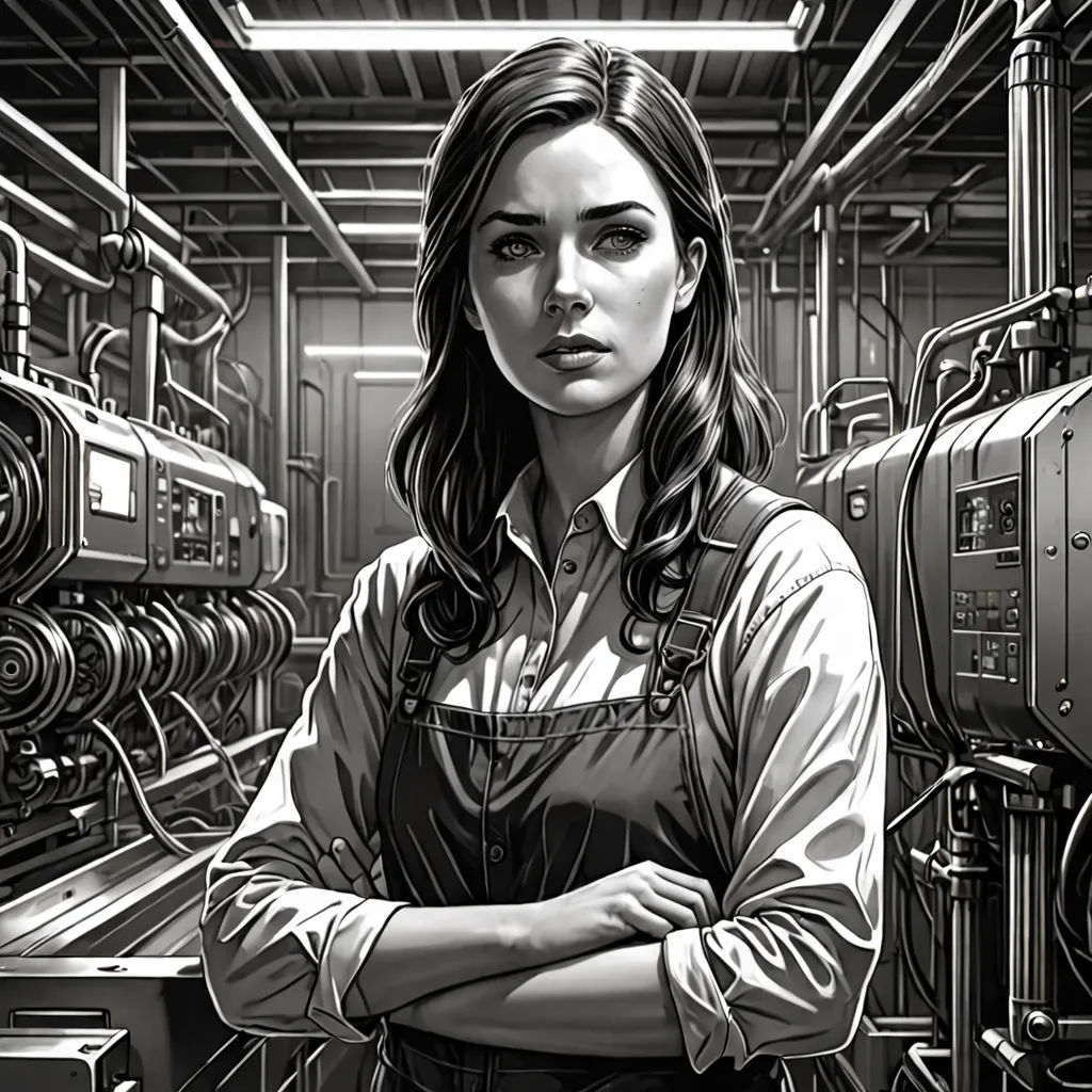 a woman in a factory with her arms crossed and a machine in the background, with a man standing in front of her, Artgerm, serial art, a character portrait, high detail illustration