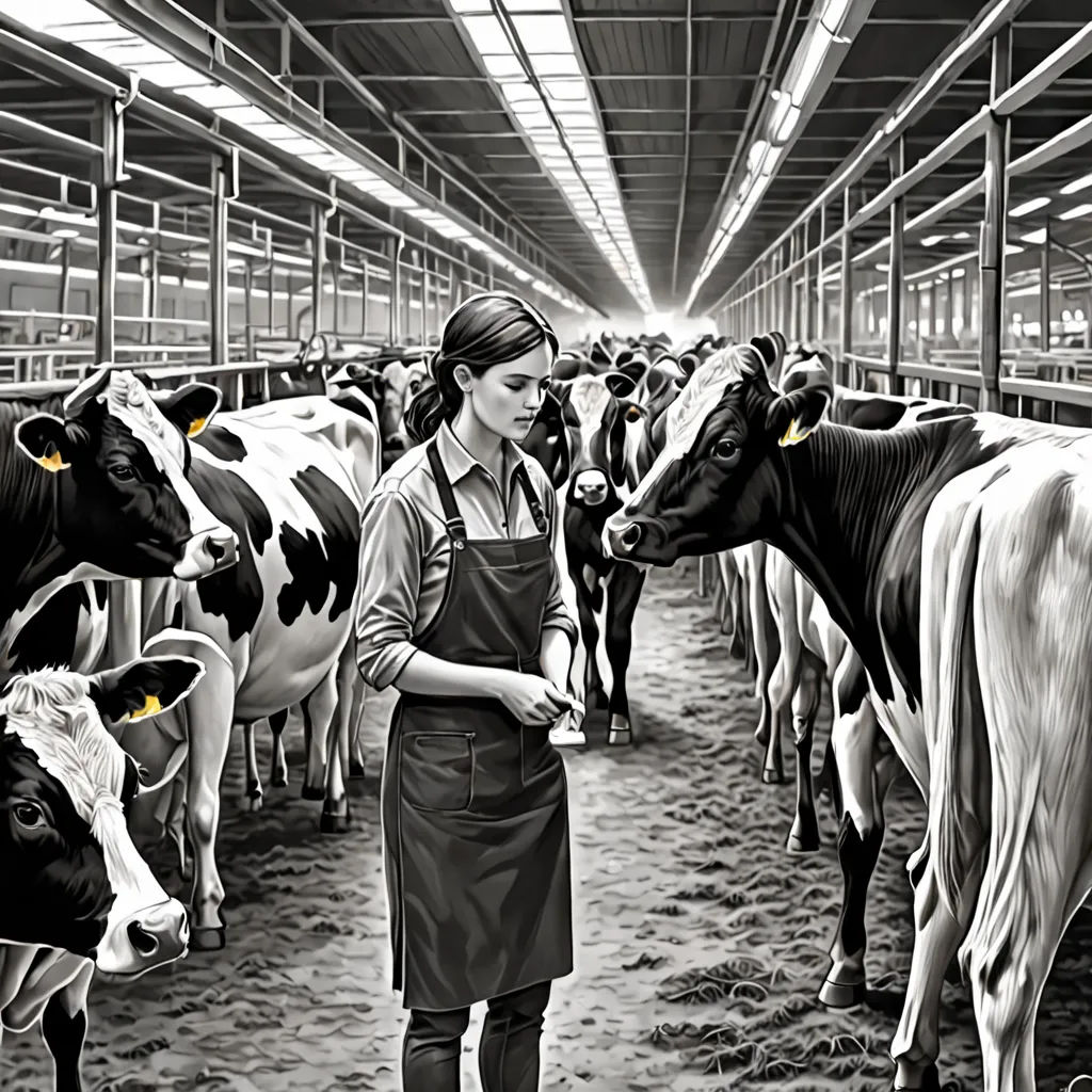 a woman in an industrial building milking cows in a pen of cows in a pen of cows in a pen, Eric Zener, modern european ink painting, an ultrafine detailed painting, highly detailed digital painting